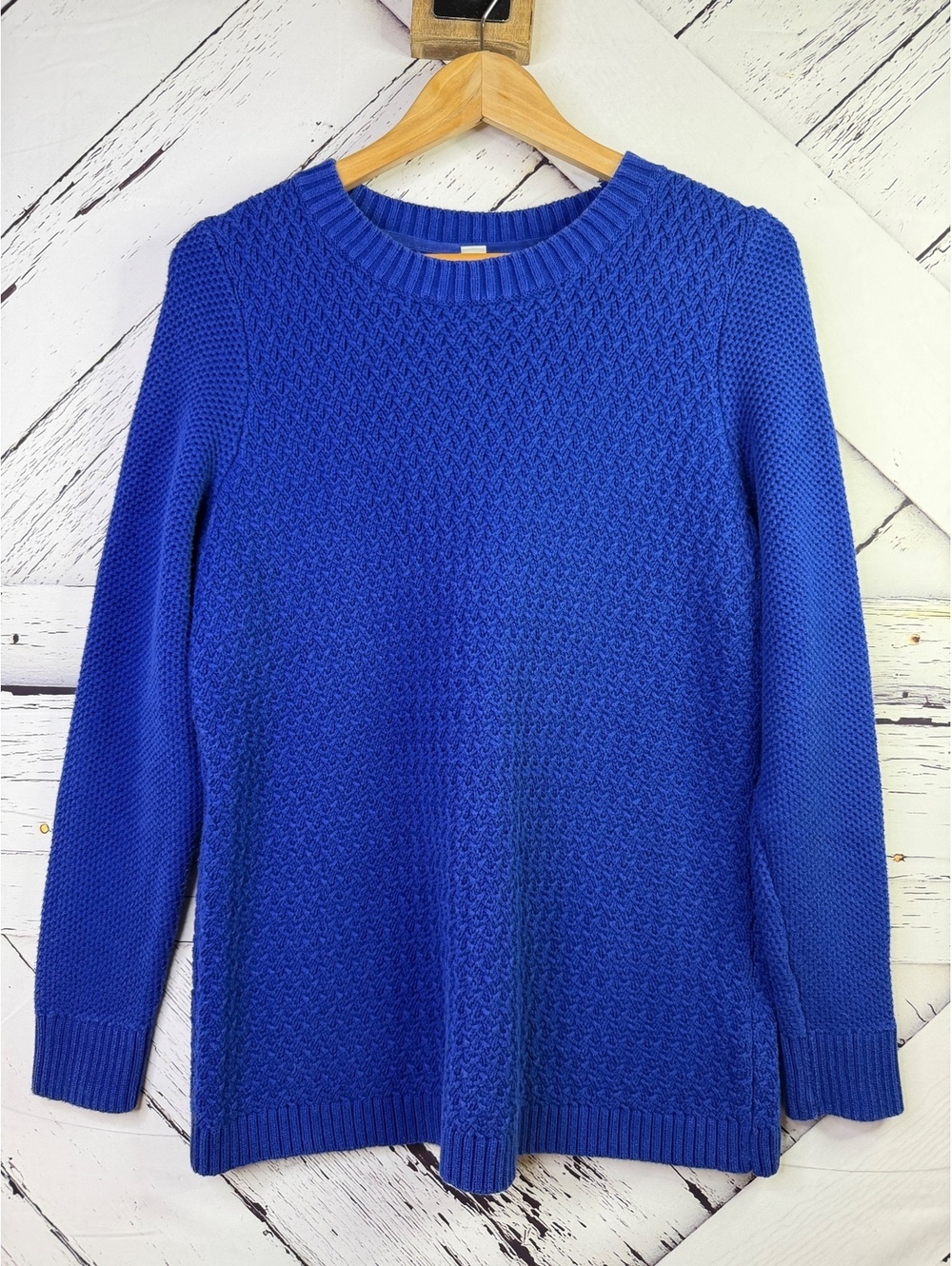 L.L. Bean Cabin Core Royal Blue Textured Cross-Stitch Crewneck Sweater Women LG